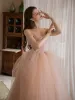 Chic / Beautiful Blushing Pink Pearl Prom Dresses 2021 A-Line / Princess Off-The-Shoulder Short Sleeve Backless Floor-Length / Long Prom Formal Dresses