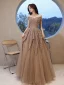 Sparkly Champagne Beading Sequins Prom Dresses 2021 A-Line / Princess Off-The-Shoulder Short Sleeve Backless Floor-Length / Long Formal Dresses