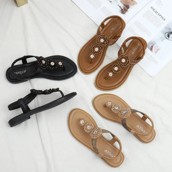 Bohême Été Noire Plage Plate Sandales Femme 2021 Faux Diamant T-Strap Peep Toes / Bout Ouvert Sandales