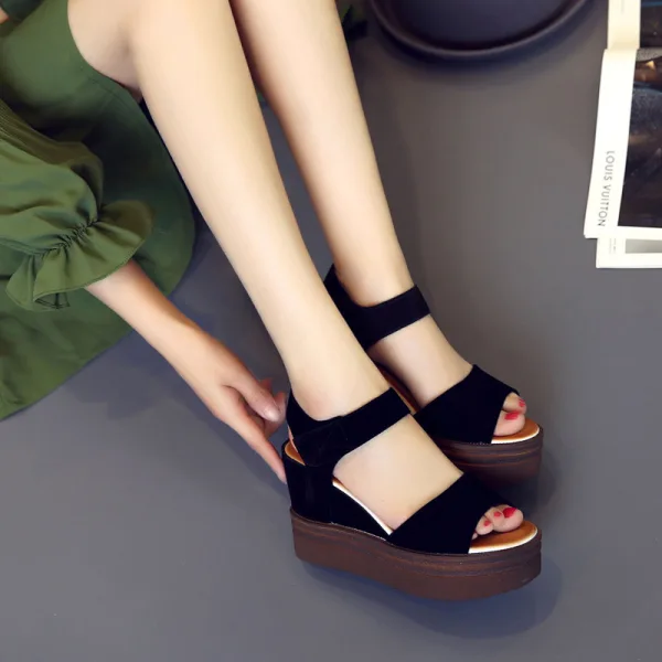 Chic / Beautiful Black Street Wear Suede Womens Sandals 2021 8 cm Wedges Waterproof Open / Peep Toe Sandals