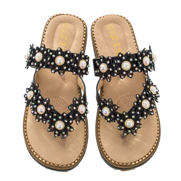 Bohemia Beige Summer Beach Flat Womens Sandals 2021 Pearl Rhinestone Lace Flower Open / Peep Toe Sandals