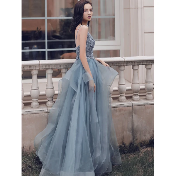 Chic / Belle Bleu Ciel Volants en Cascade Robe De Bal 2021 Princesse Bretelles Spaghetti Perlage En Dentelle Fleur Sans Manches Dos Nu Longue Promo Robe De Ceremonie
