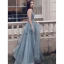 Chic / Belle Bleu Ciel Volants en Cascade Robe De Bal 2021 Princesse Bretelles Spaghetti Perlage En Dentelle Fleur Sans Manches Dos Nu Longue Promo Robe De Ceremonie
