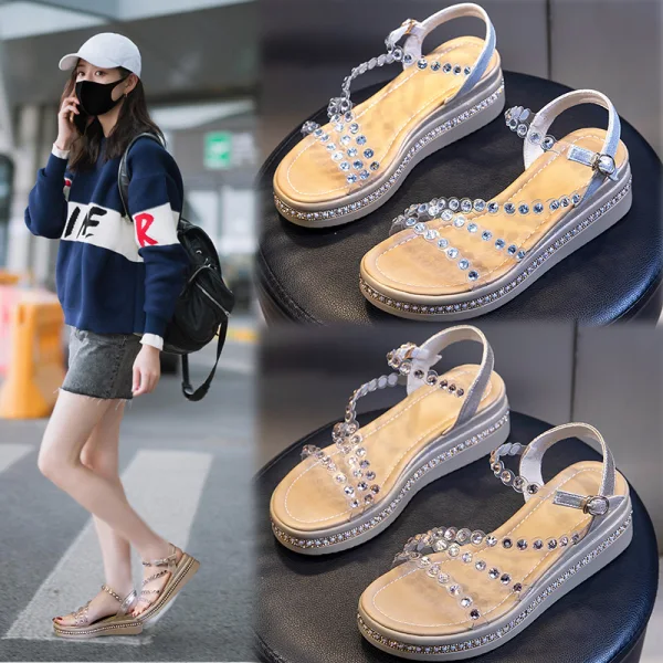 Sexy Gold Street Wear Summer Pearl Rhinestone Womens Sandals 2021 Open / Peep Toe Sandals