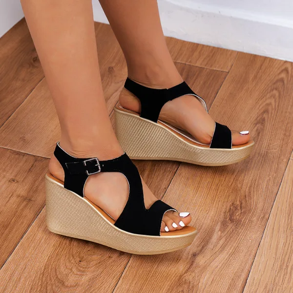 Romantic Black Street Wear Suede Womens Sandals 2021 8 cm Wedges Open / Peep Toe Sandals