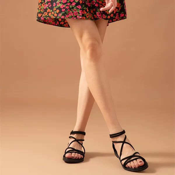 Römisch Schwarz Sommer Strand Freizeit Flache Sandalen Damen 2021 Leder X-Riemen Peeptoes Sandaletten