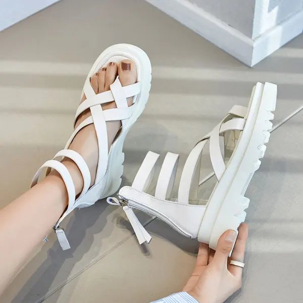 Roman White Summer Street Wear Flat Womens Sandals 2021 Ankle Strap Open / Peep Toe Sandals