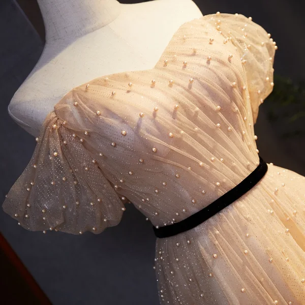 Chic / Beautiful Champagne Prom Dresses 2021 A-Line / Princess Off-The-Shoulder Sash Sequins Pearl Short Sleeve Backless Floor-Length / Long Prom Formal Dresses