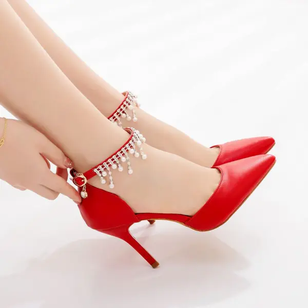 Charmant Weiß Brautschuhe 2021 Perle Strass Knöchelriemen 9 cm Stilettos Spitzschuh Hochzeit Sandaletten Hochhackige