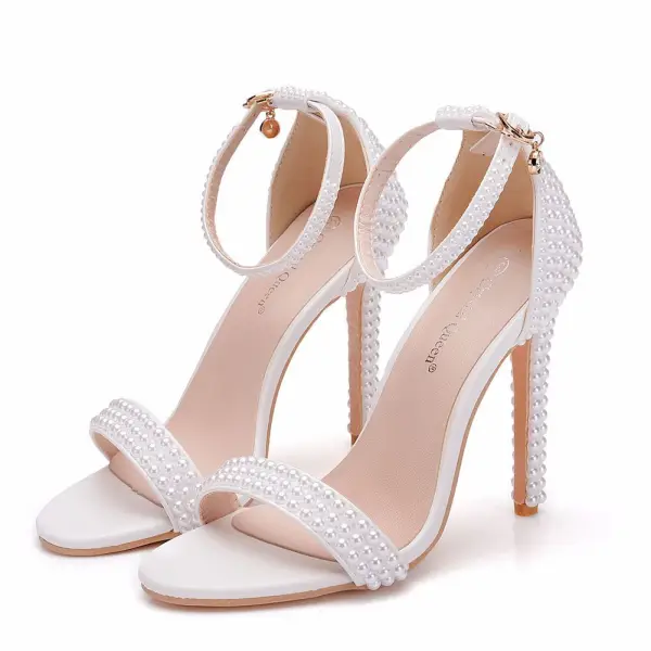 Sexy White Pearl Wedding Shoes 2021 Ankle Strap 11 cm Stiletto Heels Open / Peep Toe Wedding High Heels