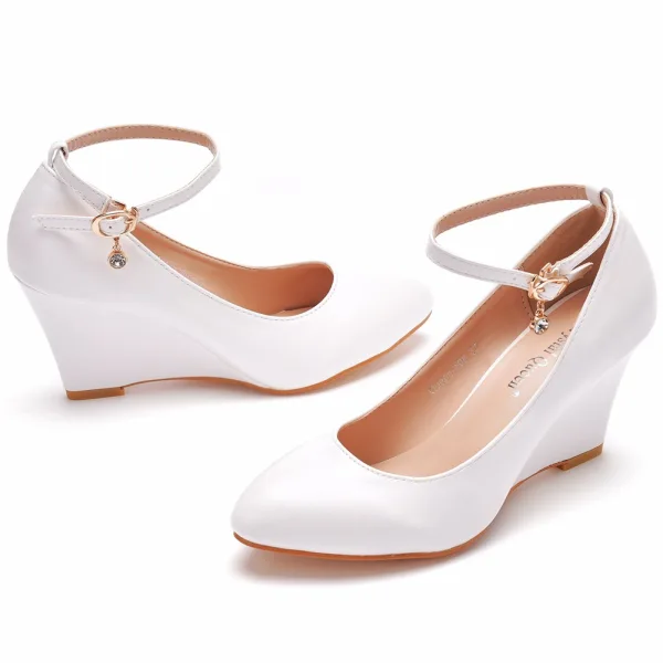 Fashion White Wedding Shoes 2021 8 cm Wedges Wedding Ankle Strap Pumps Pointed Toe
