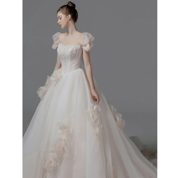 Moderne / Mode Ivoire Perle Robe De Mariée 2021 Robe Boule Encolure Carrée Gonflée Manches Courtes Dos Nu Noeud Royal Train Mariage