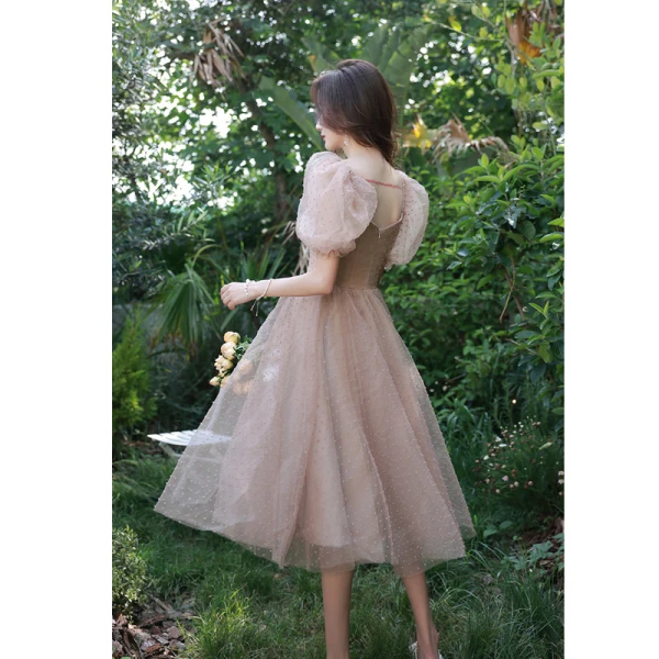 Chic / Belle Rose Sombre de retour Robe De Graduation 2021 Princesse Noeud Encolure Carrée Gonflée Manches Courtes Dos Nu Thé Longueur Robe De Ceremonie