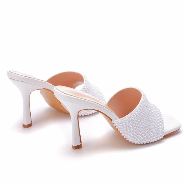 Chic / Beautiful White Cocktail Party Pearl Rhinestone Womens Sandals 2021 9 cm Stiletto Heels Open / Peep Toe Sandals