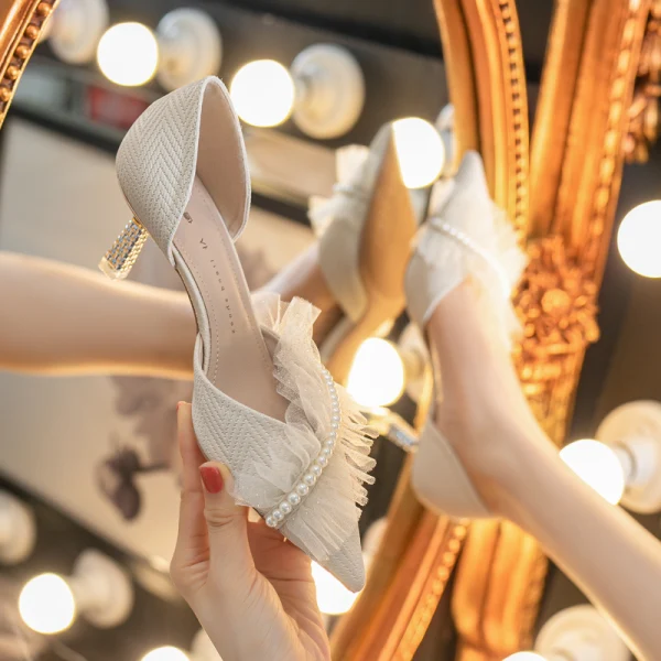 Chic / Beautiful Beige Prom Pearl Womens Shoes 2021 6 cm Stiletto Heels Pointed Toe High Heels