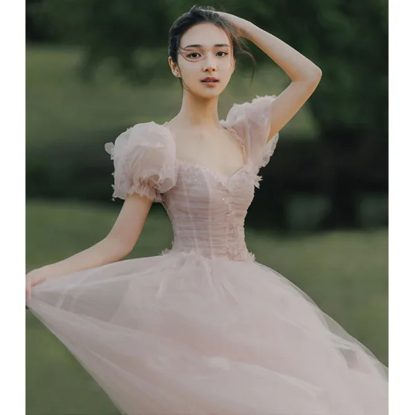 Simple Rougissant Rose Robe De Bal 2021 Princesse Encolure Carrée Paillettes Manches Courtes Dos Nu Longue Robe De Ceremonie