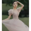 Modest / Simple Blushing Pink Prom Dresses 2021 A-Line / Princess Square Neckline Sequins Short Sleeve Backless Floor-Length / Long Formal Dresses