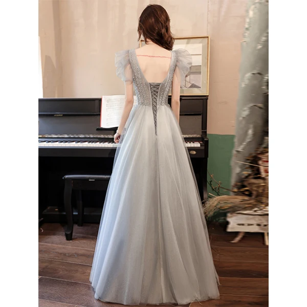 Charming Grey Evening Dresses Evening Dresses  2021 A-Line / Princess V-Neck Beading Short Sleeve Backless Floor-Length / Long Evening Party Formal Dresses