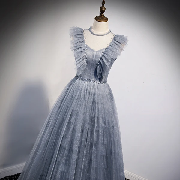 Charming Sky Blue Grey Prom Dresses 2021 A-Line / Princess Scoop Neck Ruffle Short Sleeve Beading Backless Bow Floor-Length / Long Prom Formal Dresses