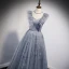 Charming Sky Blue Grey Prom Dresses 2021 A-Line / Princess Scoop Neck Ruffle Short Sleeve Beading Backless Bow Floor-Length / Long Prom Formal Dresses