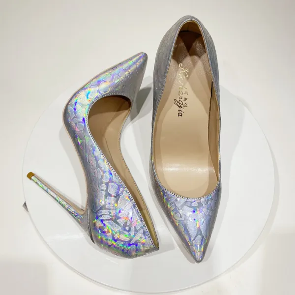 Unusual Silver Laser Cocktail Party Evening Party Pumps 2021 Leather 12 cm Stiletto Heels High Heels 12 cm Heels Pointed Toe Pumps