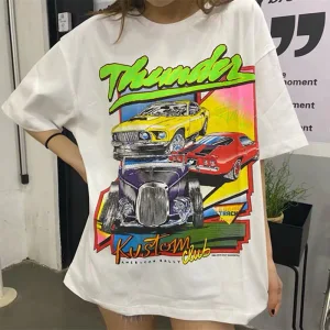 Vintage Retro Summer White Casual Cotton Cartoon Printing T Shirts 2021 Scoop Neck Short Sleeve Loose Women S Tops T Shirt