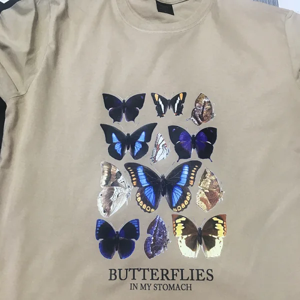 Fashion Street Wear Khaki Summer Loose Butterfly Printing Cotton T-Shirts 2021 Scoop Neck Short Sleeve Women's Tops T-shirt