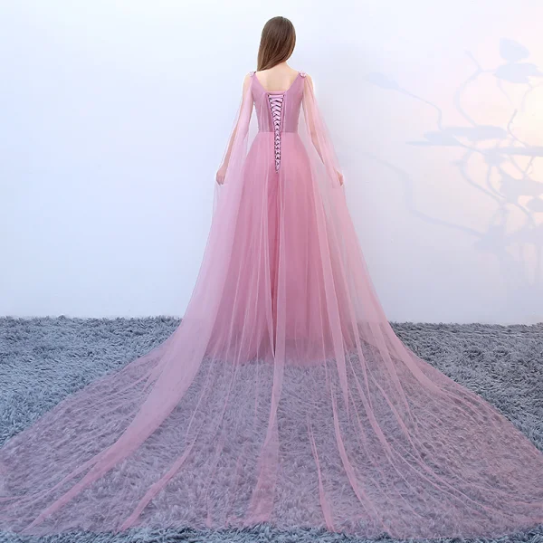 Schöne Rosa Ballkleider 2018 A Linie Eckiger Ausschnitt Ärmellos Pailletten Perlenstickerei Watteau-falte Rüschen Rückenfreies Festliche Kleider