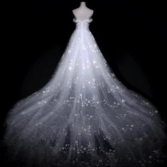 Amazing Unique White Wedding Dresses 2018 A Line Princess Off The Shoulder Short Sleeve Backless Star Tulle Ruffle Royal Train