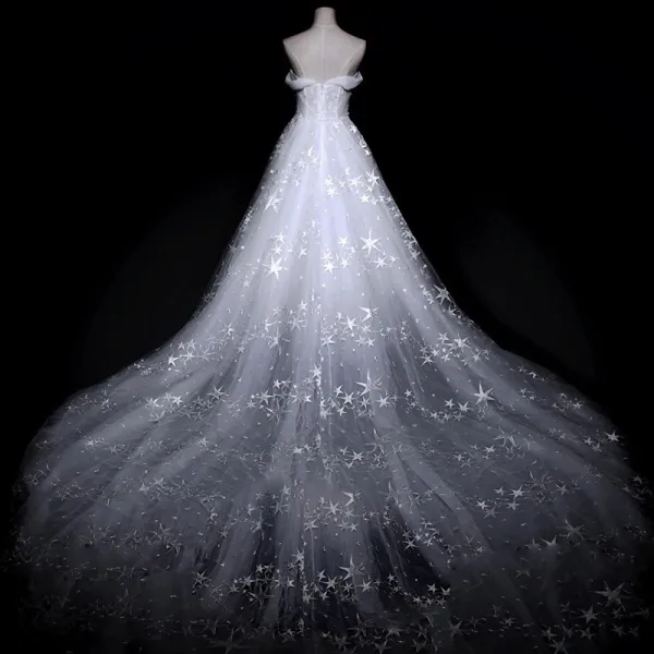 Amazing / Unique White Wedding Dresses 2018 A-Line / Princess Off-The-Shoulder Short Sleeve Backless Star Tulle Ruffle Royal Train