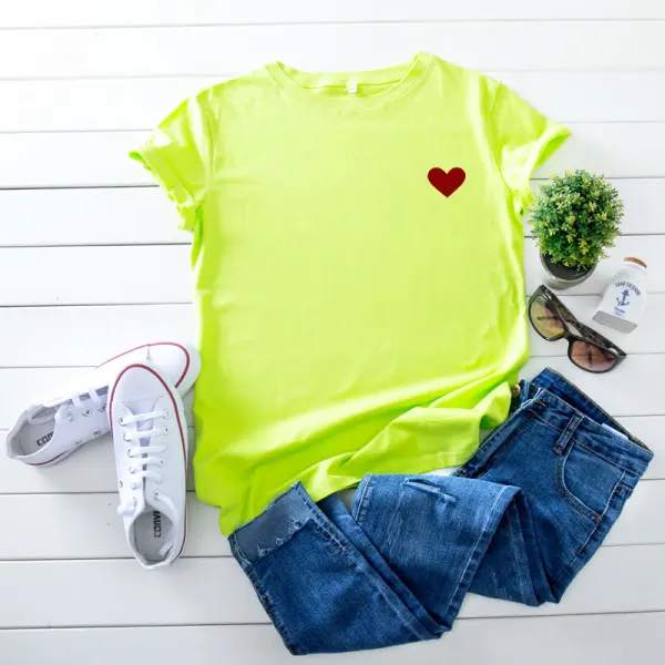 Summer Casual White Heart-shaped Printing Loose T-Shirts 2021 Cotton Scoop Neck Short Sleeve Women's Tops T-shirt