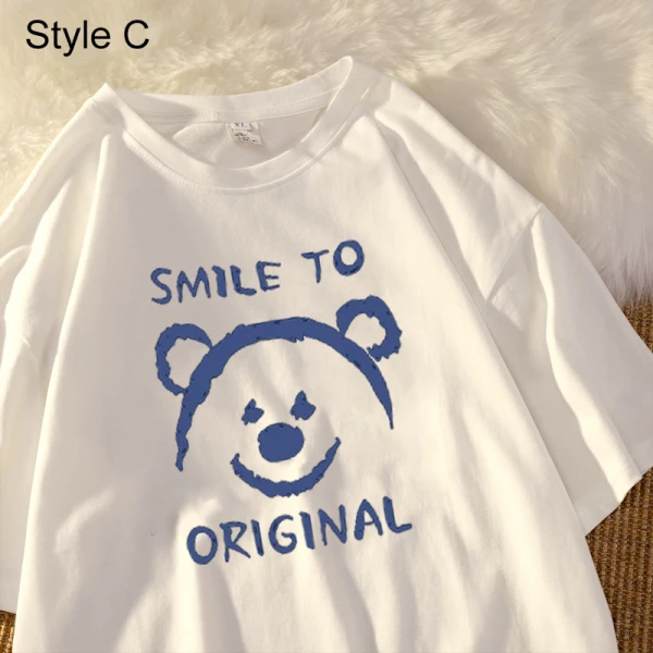 Summer Street Wear White Cartoon Loose T-Shirts 2021 Cotton Scoop Neck Short Sleeve Women's Tops