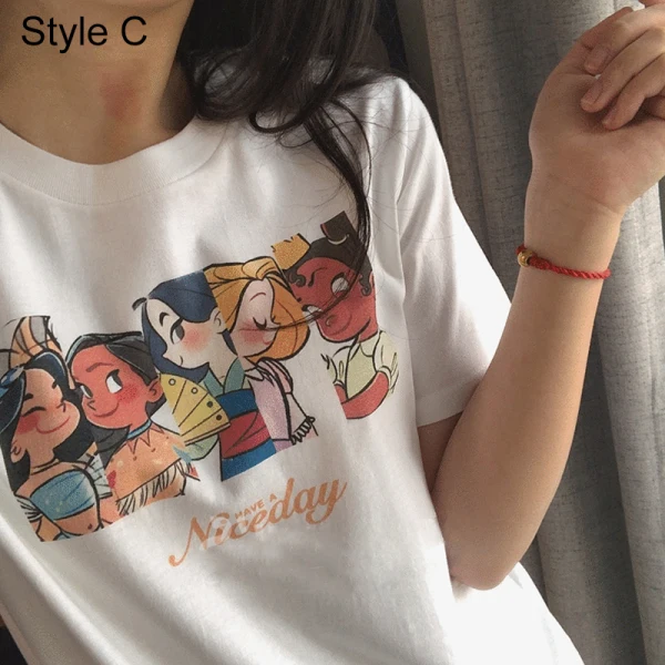 Summer Casual White Cartoon Printing T-Shirts 2021 Cotton Scoop Neck Short Sleeve Women's Tops