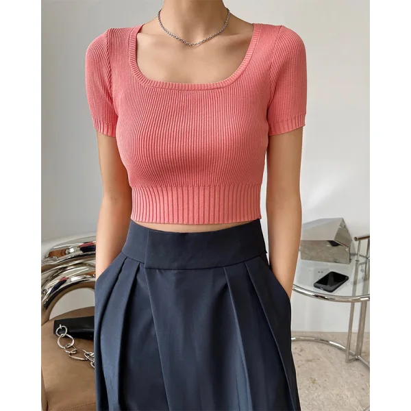 Fashion Black Summer Street Wear Knitting Tight  T-Shirts 2021 U-Neck Short Sleeve Women's Tops T-shirt
