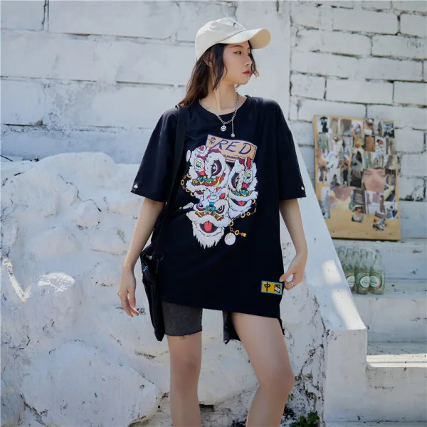 Chinese style Summer Black Loose Casual Cartoon Printing T-Shirts 2021 Cotton Scoop Neck Short Sleeve Women's Tops T-shirt