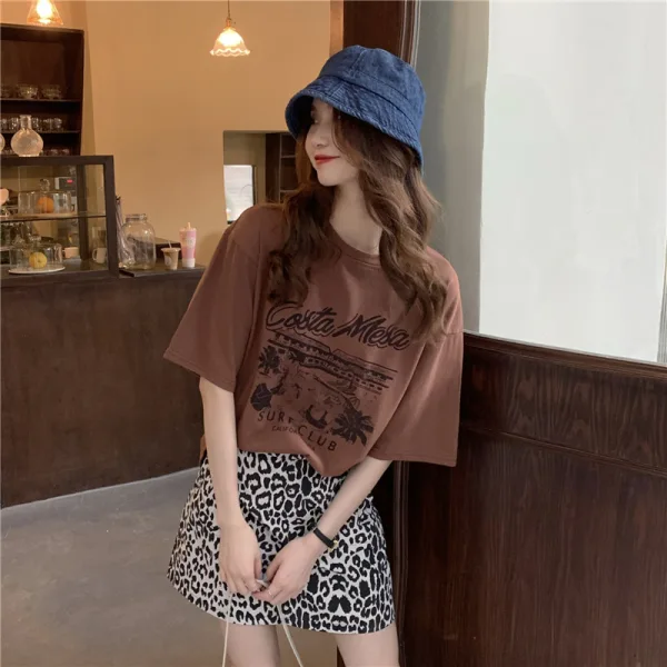 Summer Casual White Printing Loose T-Shirts 2021 Cotton Scoop Neck Short Sleeve Women's Tops T-shirt