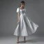 Schlicht Ivory / Creme Satin Brautkleider / Hochzeitskleider 2021 A Linie Eckiger Ausschnitt Kurze Ärmel Schleife Rückenfreies Wadenlang Hochzeit