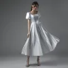 Modest / Simple Ivory Satin Wedding Dresses 2021 A-Line / Princess Square Neckline Short Sleeve Bow Backless Tea-length Wedding