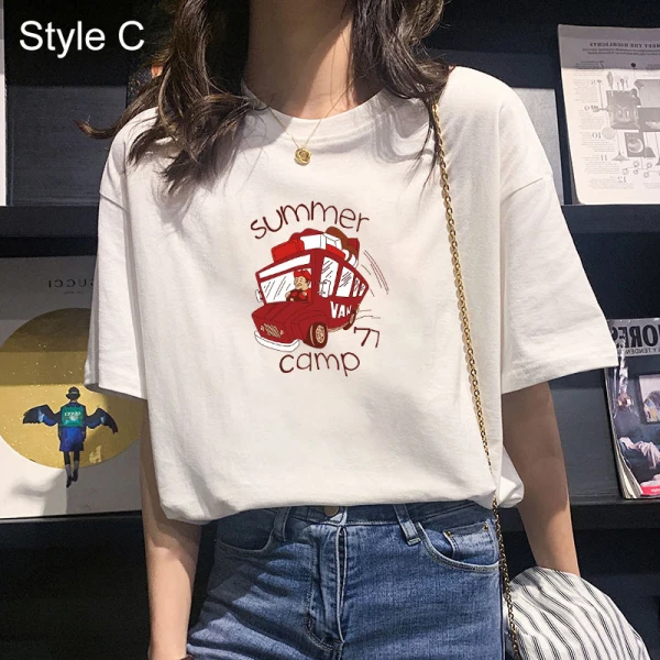 Désinvolte Vêtement de rue Blanche Dessin animé Impression Ample T-Shirts 2021 Coton Encolure Dégagée Manches Courtes Hauts pour Femmes T-shirt