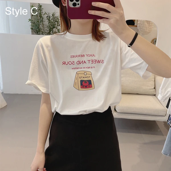 Fashion White Cotton Street Wear Cartoon Printing Loose T-Shirts 2021 Scoop Neck Short Sleeve Women's Tops T-shirt