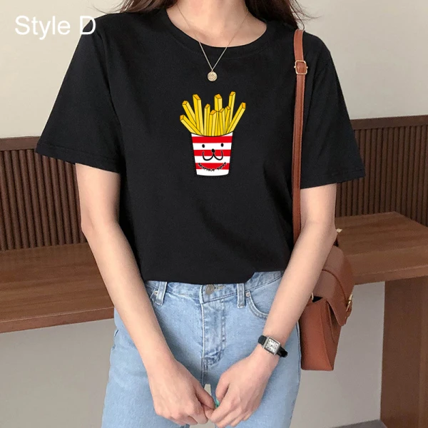 Chic / Beautiful Black Summer Casual Cartoon Printing Cotton Loose T-shirt 2021 Scoop Neck Short Sleeve Women's Tops T-Shirts