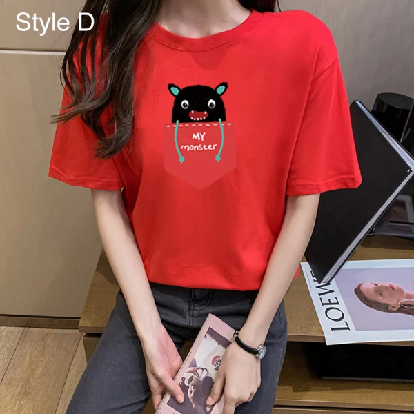 Casual Summer Red Loose Cartoon Printing T-Shirts 2021 Cotton Scoop Neck Short Sleeve Women's Tops T-shirt