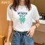 Casual Summer White Loose Cartoon Printing T-Shirts 2021 Cotton Scoop Neck Short Sleeve Women's Tops T-shirt
