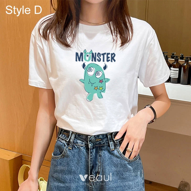Casual Verano Blanco Suelto Caricatura Impresion Camisetas 2021 Algodon Scoop Escote Manga Corta Tops De Mujer Camiseta de manga corta