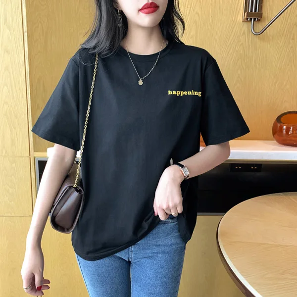Summer Street Wear Casual Black Loose T-Shirts 2021 Cotton Scoop Neck Short Sleeve Women's Tops T-shirt