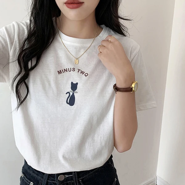 Fashion Summer Street Wear Cotton Cartoon Printing Black T-Shirts 2021 Loose Scoop Neck Short Sleeve Women's Tops T-shirt