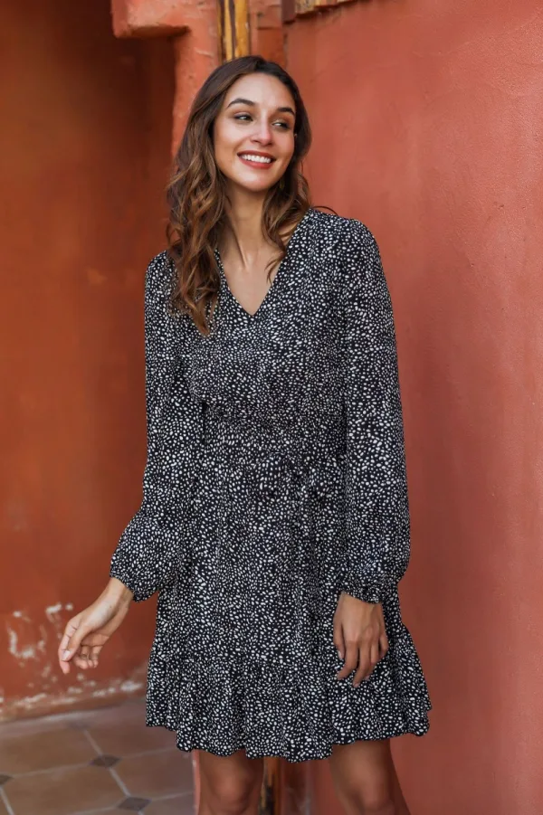 Chic / Beautiful Black Street Wear Summer Spotted Women Dresses 2021 V-Neck Long Sleeve
