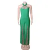 Fashion Green See-through Street Wear Tight  Jumpsuit 2021 Halter Sleeveless Women Dresses