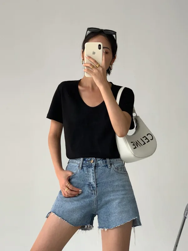 Summer Casual Loose Black Solid Color T-Shirts 2021 Cotton Scoop Neck Short Sleeve Women's Tops T-shirt
