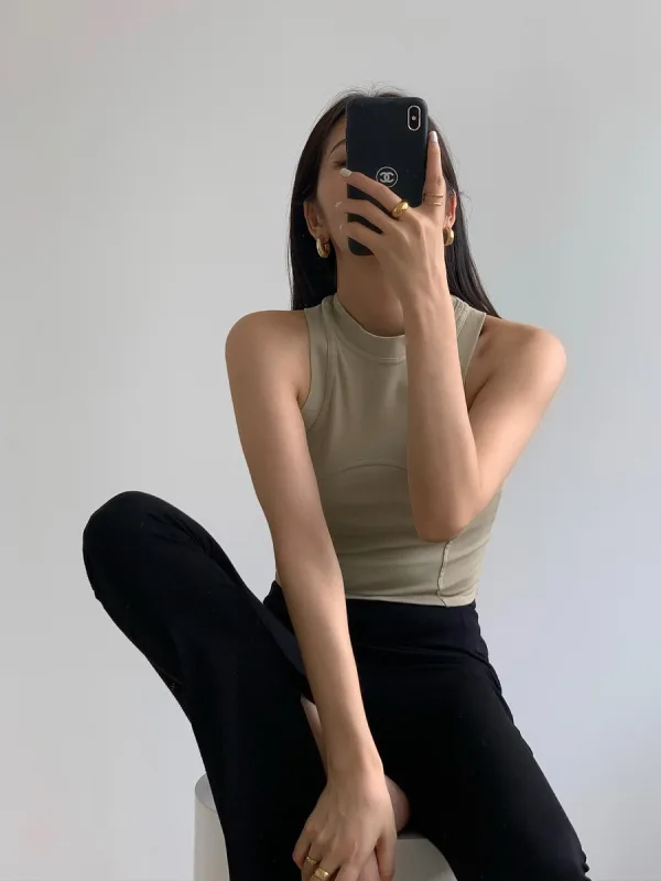 Summer Casual Khaki Solid Color Tight Tank 2021 Cotton Scoop Neck Sleeveless Women's Tops